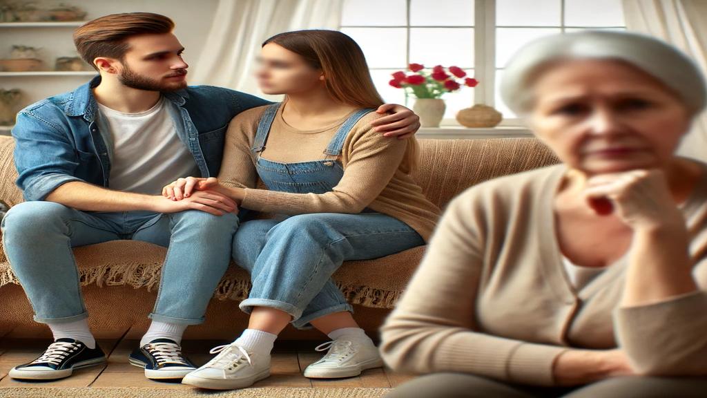 A young couple sitting on a couch, holding hands and supporting each other, with an older woman sitting in the foreground, looking thoughtful.